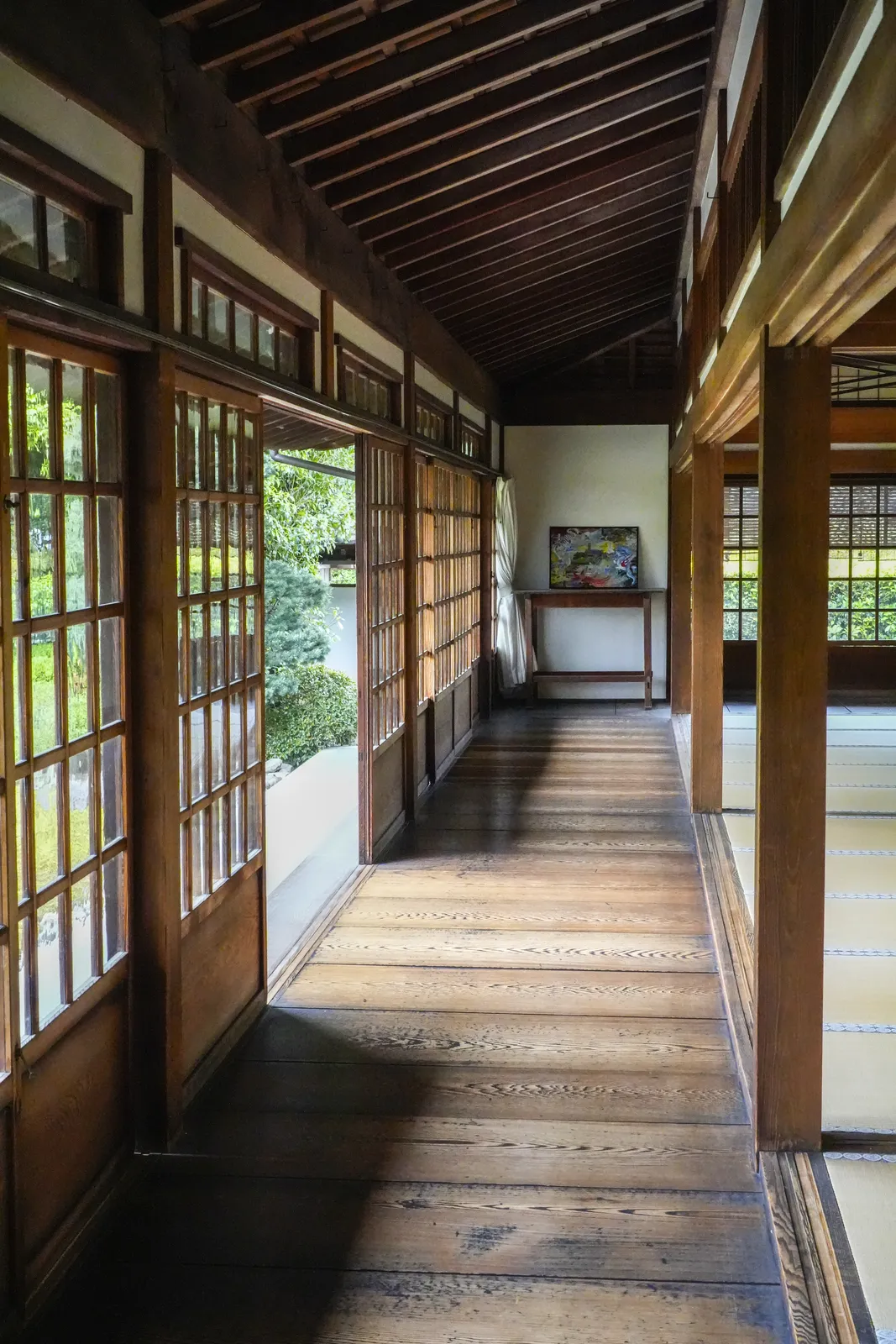 Wooden corridor beside a tatami hall at a Zen temple in Kyoto