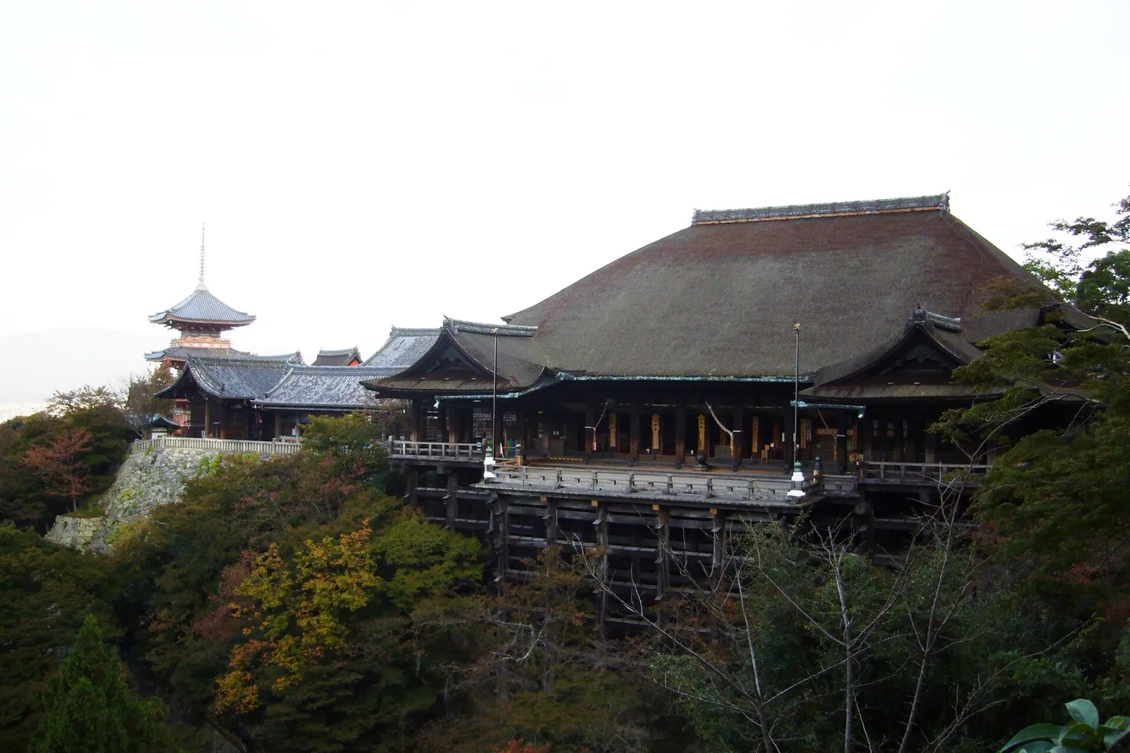 The main hall of Kiyomizu-dera on its wooden stage in Kyoto