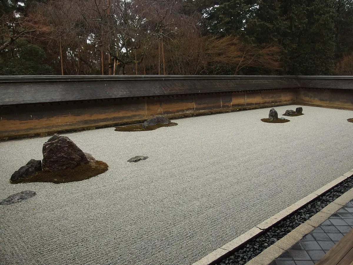 The dry rock garden at Ryoan-ji with raked gravel and stones