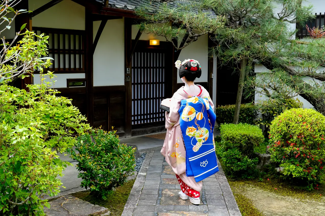 Back view of a maiko showing the long darari obi