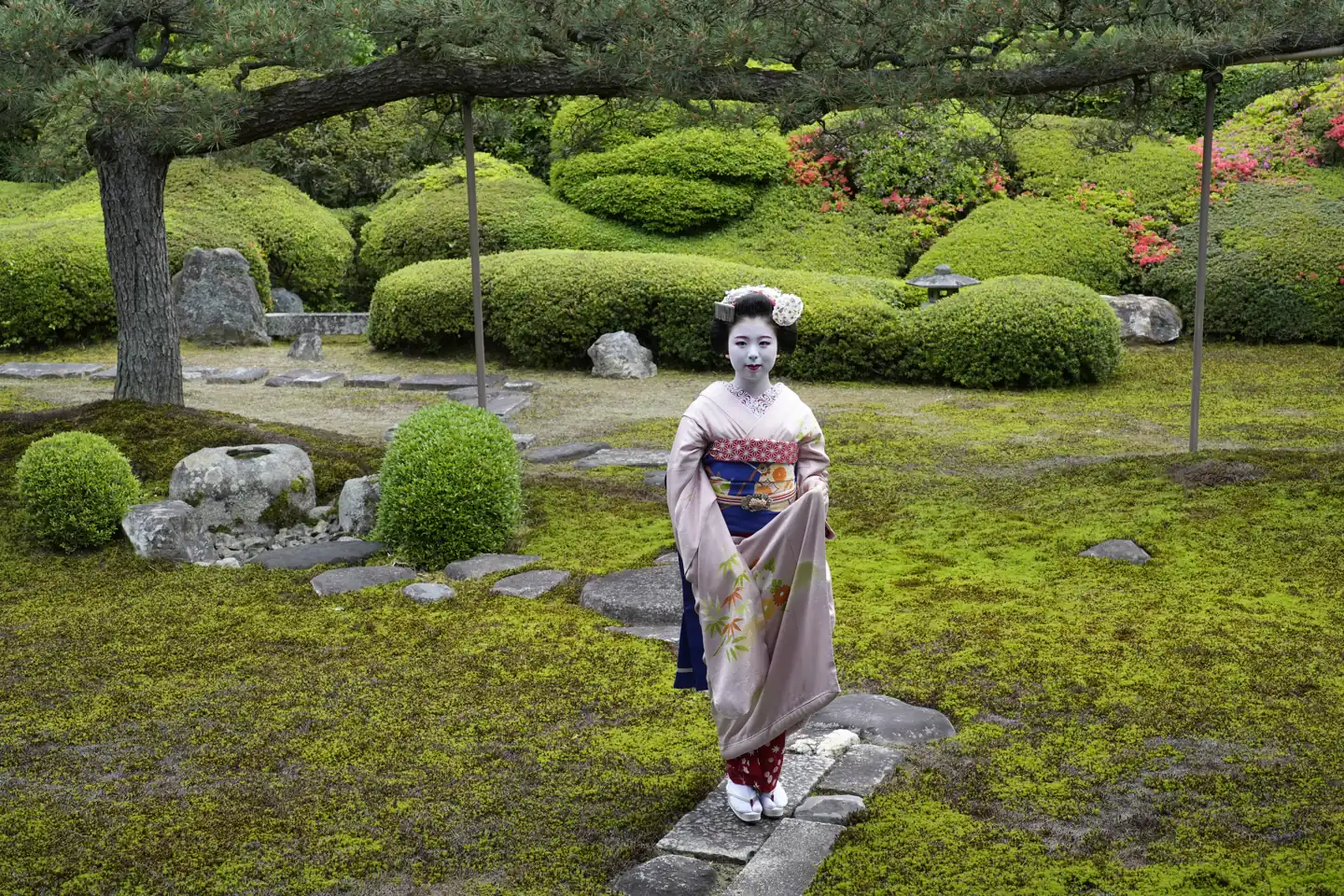 Maiko standing on stepping stones in a moss garden at a Zen temple