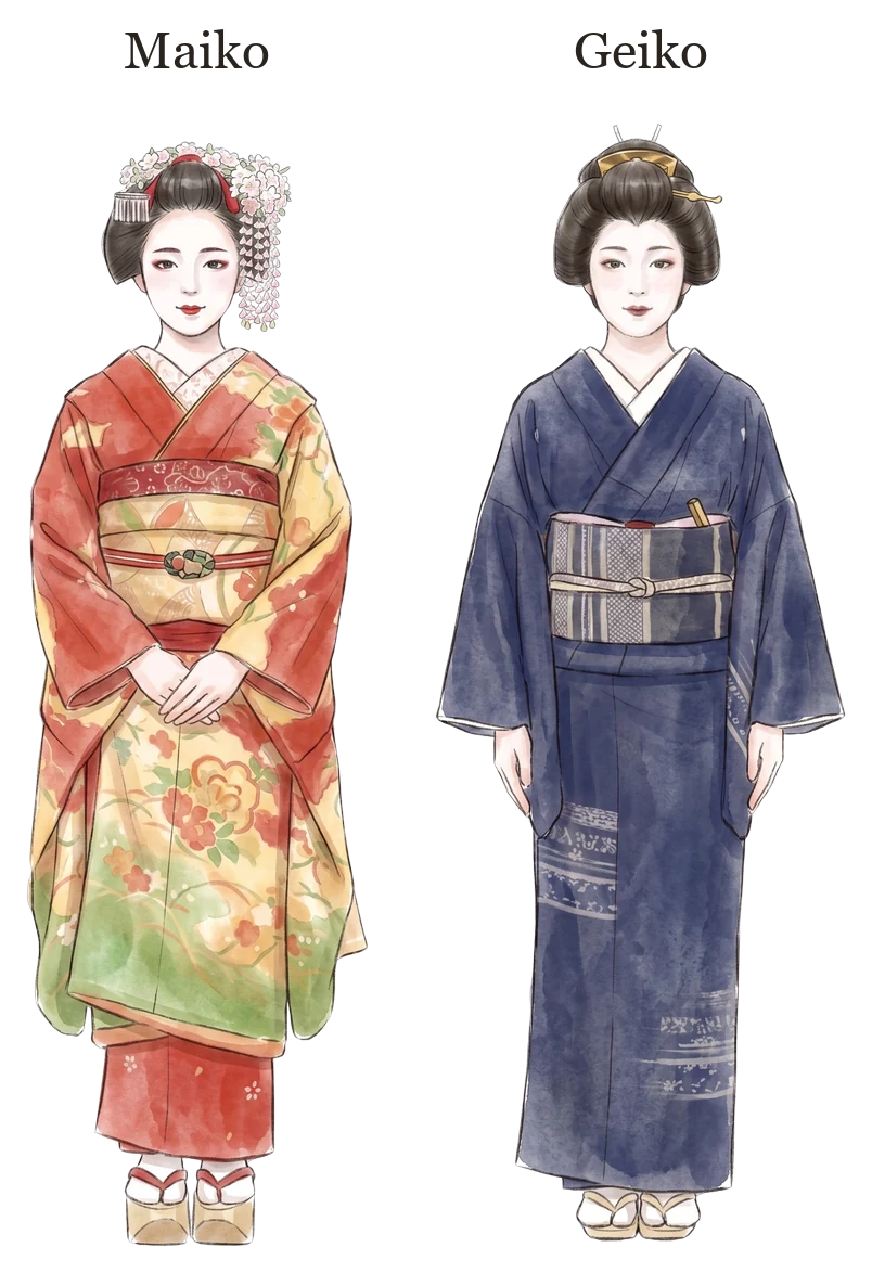 Labeled illustration: a maiko (left) in a bright long-sleeved kimono with large flower hairpins and a geiko (right) in a dark, subdued kimono with small hair ornaments