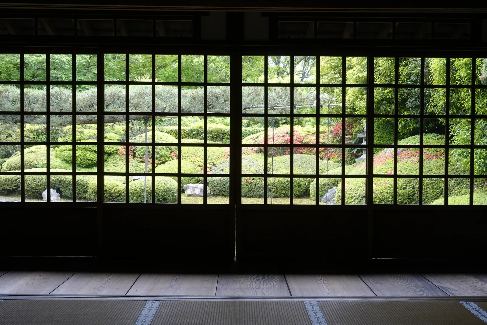 A garden seen through lattice doors from a tatami room at a Zen temple in Kyoto