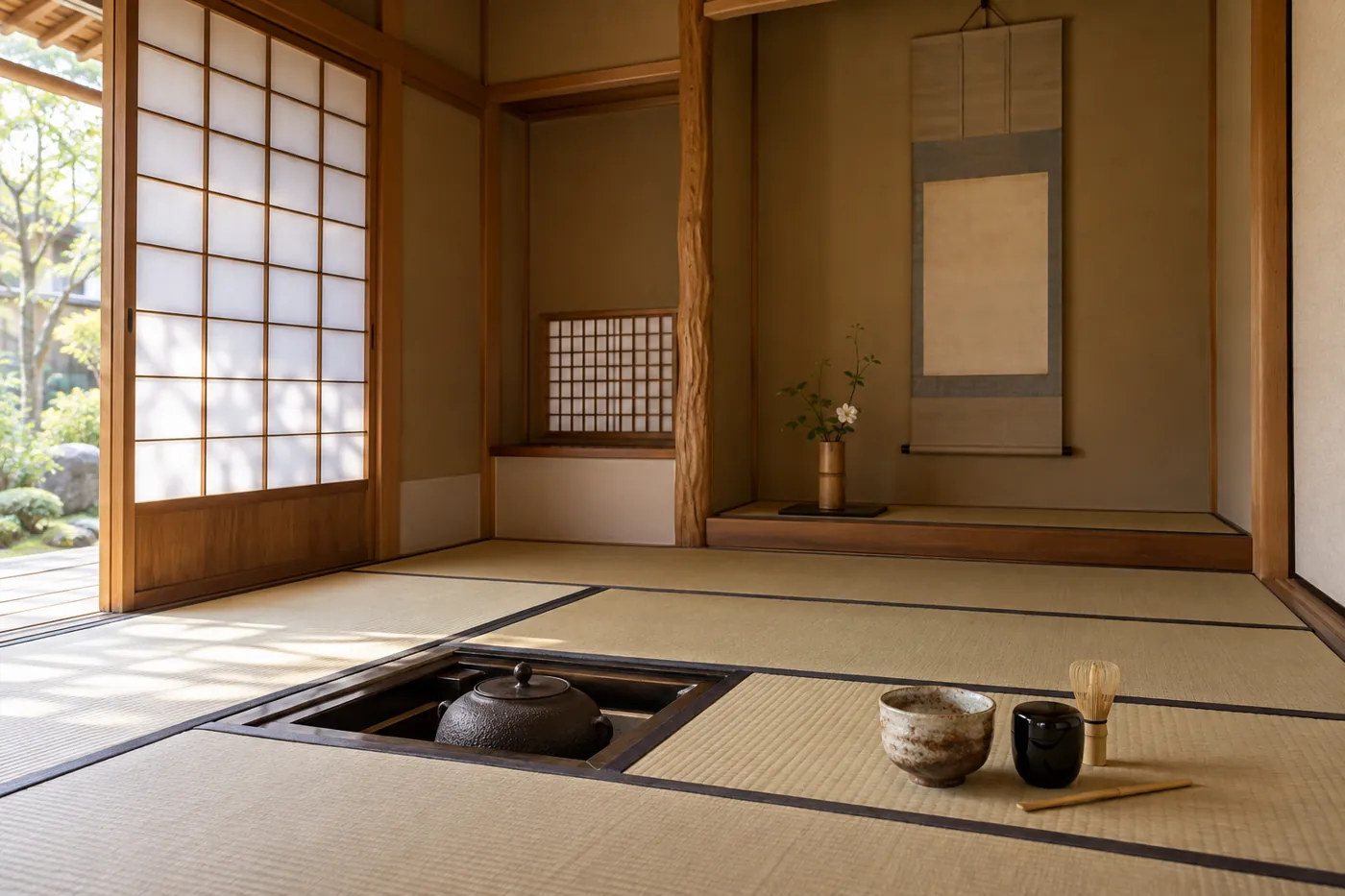 A quiet tea room with tatami mats, a sunken hearth, and a hanging scroll in the alcove