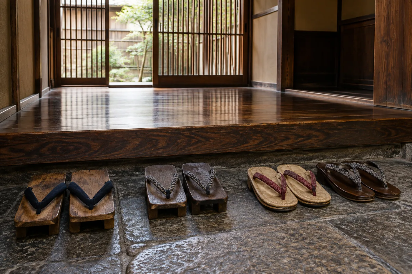 Wooden geta and zori sandals lined up in the stone entryway of a traditional Kyoto townhouse
