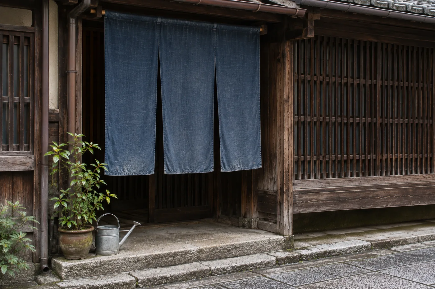 A traditional Kyoto townhouse entrance with a faded indigo noren curtain, wooden lattice, a stone step, and a potted plant
