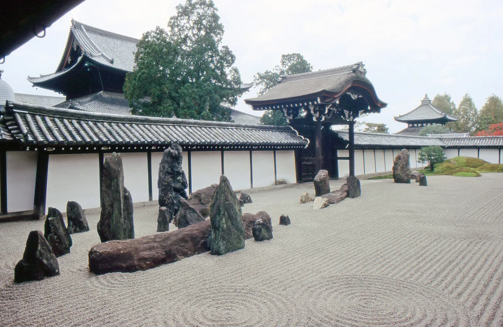 The south garden of the Hojo at Tofuku-ji with upright stones and raked gravel