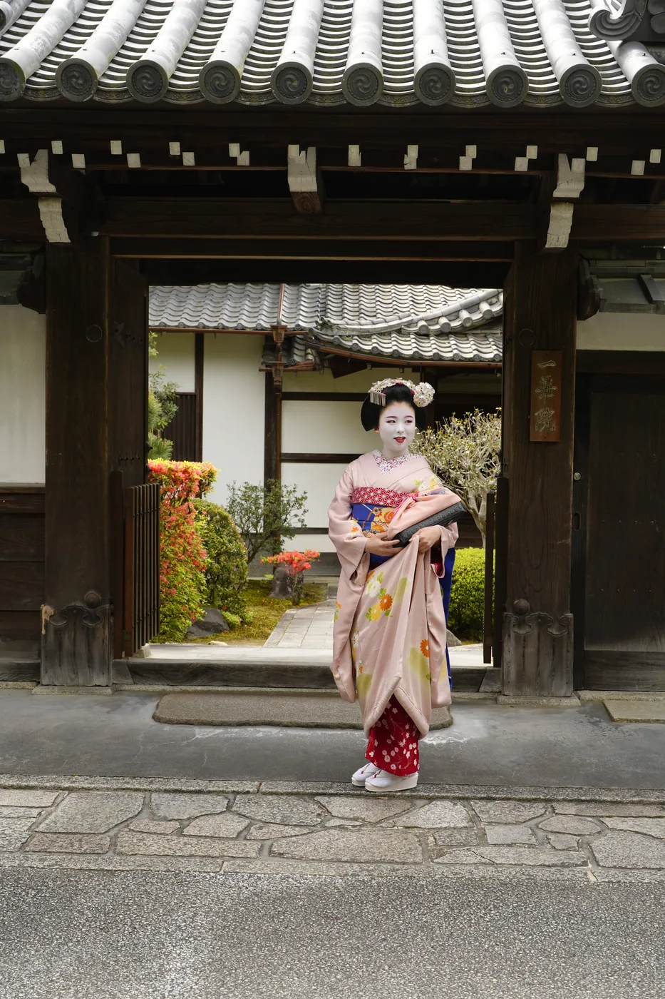 A maiko in a pink kimono walking out through a wooden gate with a tiled roof