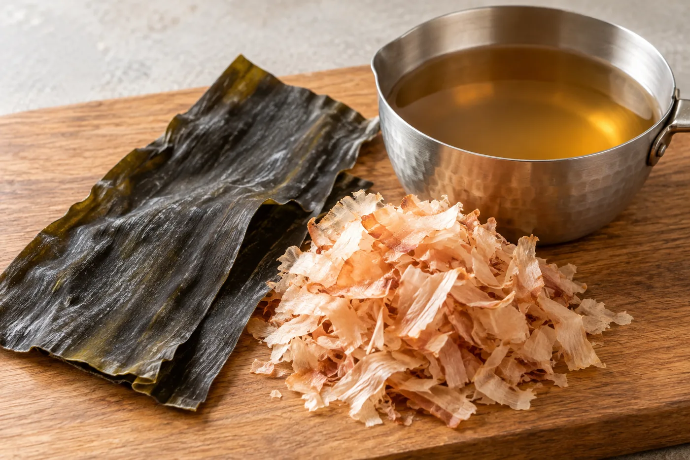 Dried kombu kelp, shaved katsuobushi bonito flakes, and a pot of golden dashi broth on a wooden board