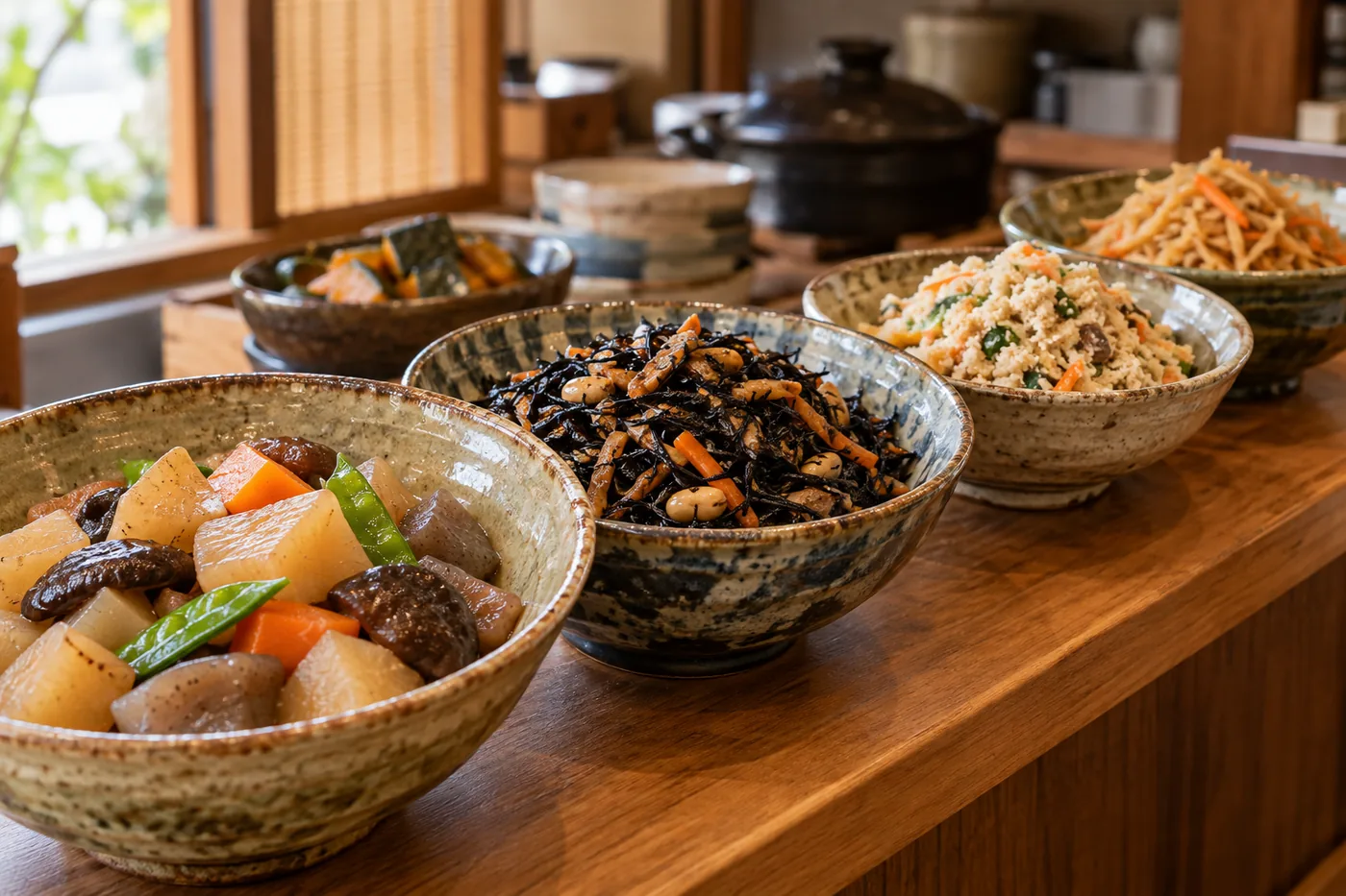 Bowls of Kyoto obanzai side dishes, including simmered vegetables, hijiki seaweed, and okara, on a wooden counter