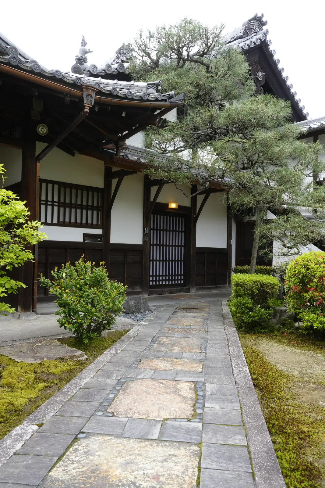 A stone path lined with moss and shrubs leading to a wooden temple building at a Zen temple in Kyoto