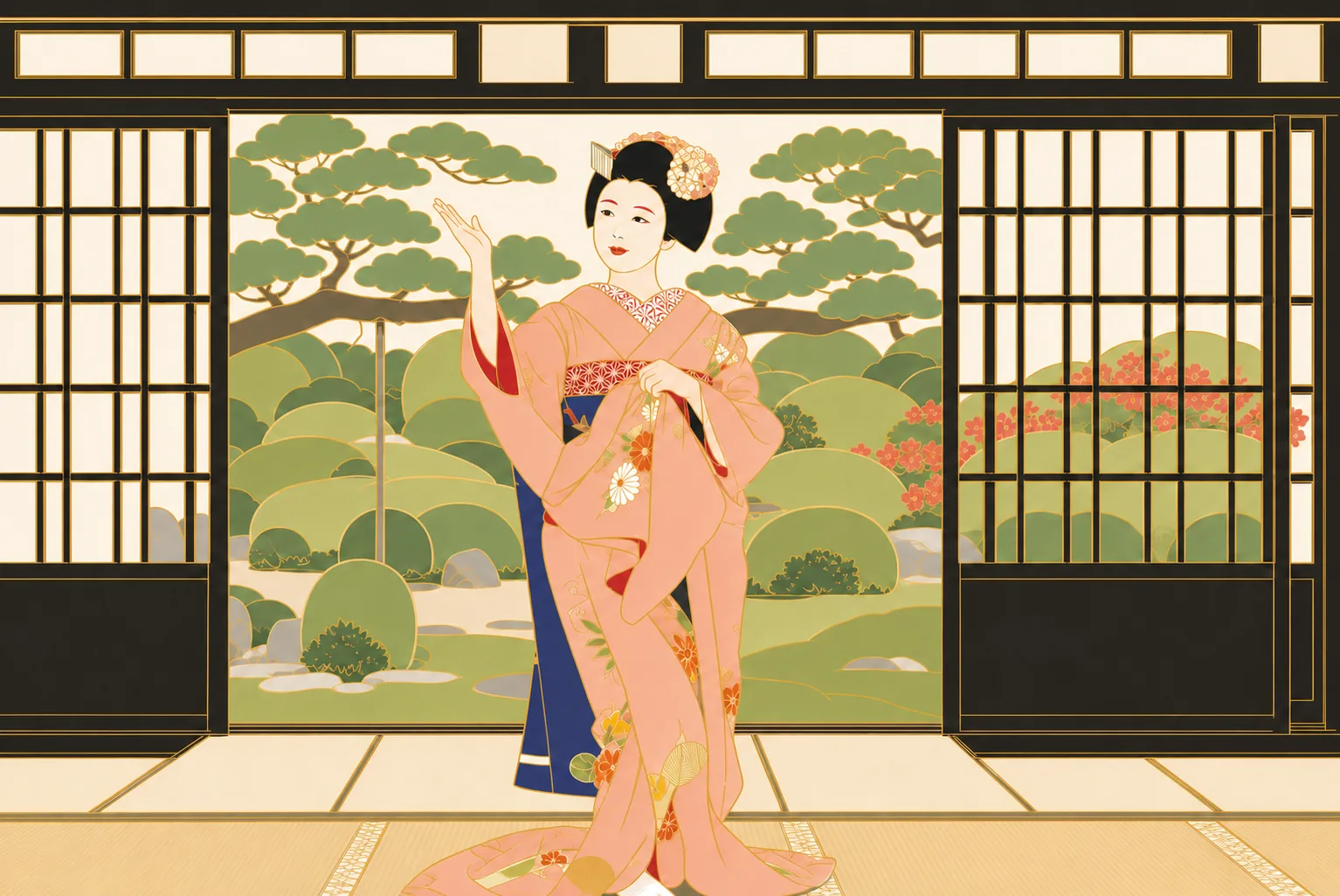 An illustrated maiko standing in the Zen garden of a private Kyoto temple