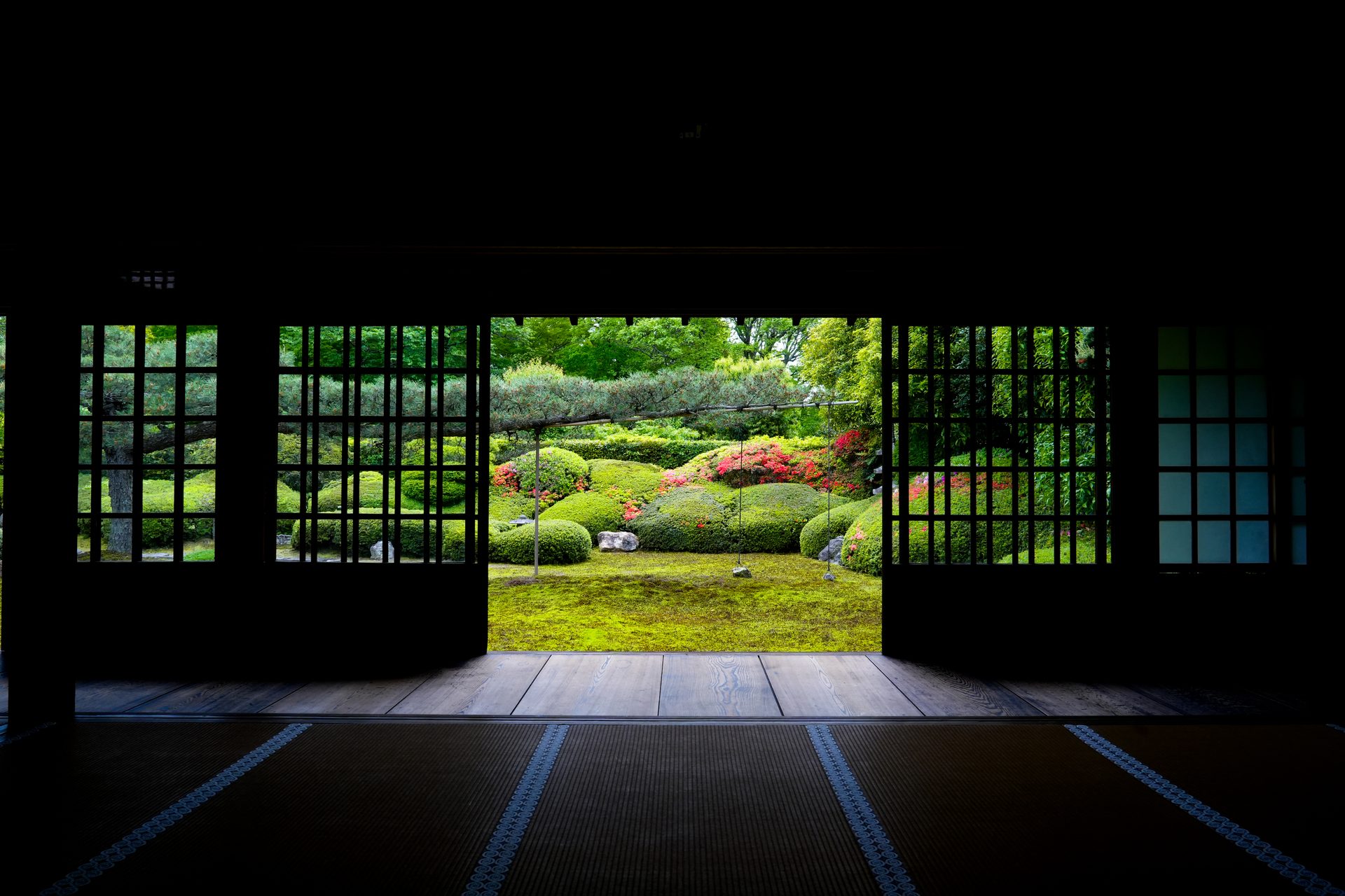The garden of Ikka-in seen from a darkened temple hall